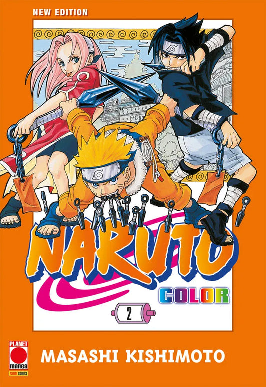 Copertina del secondo volume del manga Naruto Color New Edition su sfondo arancione. I tre giovani protagonisti (Naruto, Sasuke e Sakura) sono ritratti in una posa d'azione dinamica a testa in giù mentre stringono kunai e armi ninja.