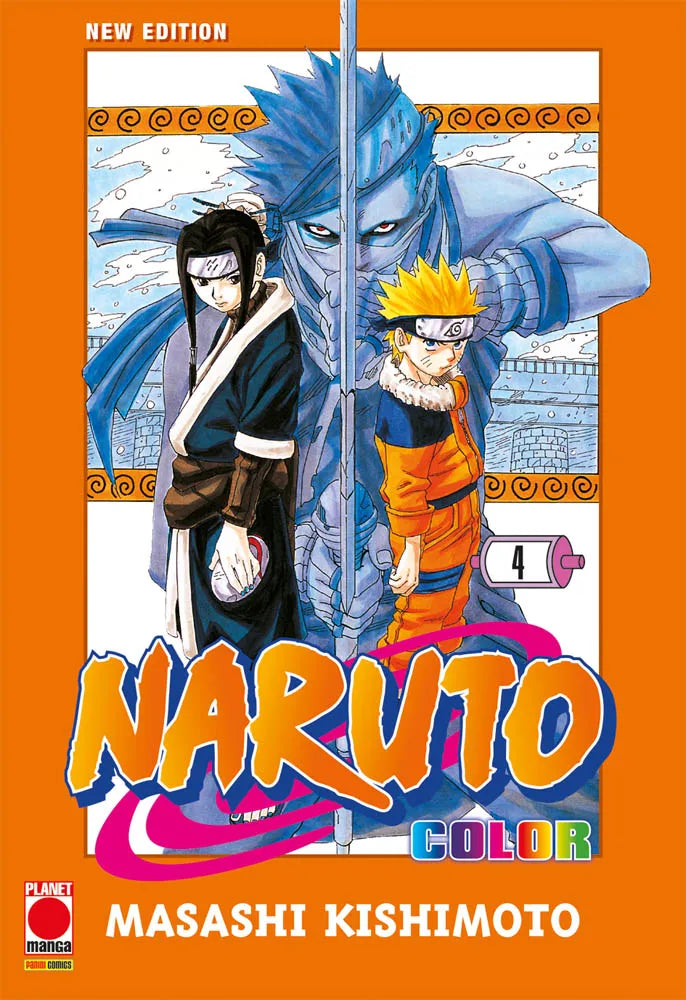 Copertina del quarto volume dell'edizione interamente a colori di 'Naruto' (New Edition), edita da Panini Planet Manga. L'illustrazione mostra sulla destra il giovane Naruto Uzumaki in piedi e sulla sinistra Haku che tiene in mano la sua maschera, mentre al centro, sullo sfondo del grande ponte del Paese delle Onde, svetta la figura minacciosa del ninja traditore Zabuza Momochi divisa a metà da una grande spada.