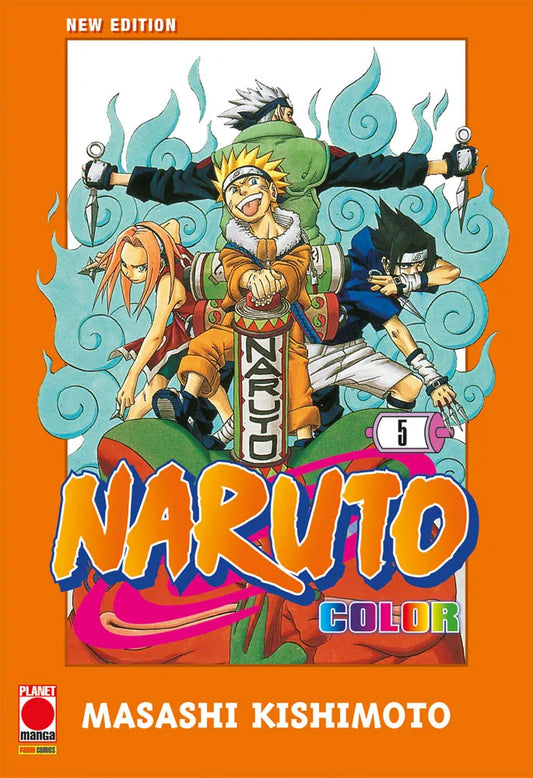 Copertina del quinto volume in italiano del manga 'Naruto Color New Edition' di Masashi Kishimoto, edito da Panini Planet Manga. L'illustrazione mostra i membri del Team 7: Naruto Uzumaki seduto al centro con un grande rotolo, Sakura Haruno e Sasuke Uchiha in posa da combattimento ai lati e Kakashi Hatake a braccia aperte sullo sfondo, circondati da un'aura di fiamme azzurre.
