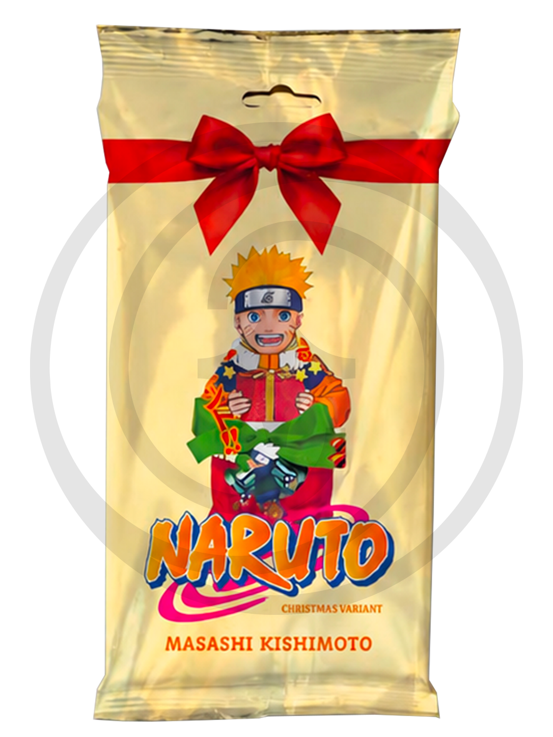 Anteprima da catalogo del manga 'Naruto Vol. 1 Christmas Variant' di Masashi Kishimoto, edito da Panini Planet Manga. L'illustrazione mostra la speciale confezione a forma di busta natalizia dorata decorata con un nastro e fiocco rosso in alto, al cui centro spicca il giovane Naruto Uzumaki sorridente con un pacco regalo, sopra il titolo 'NARUTO CHRISTMAS VARIANT' e l'etichetta Panini Direct.
