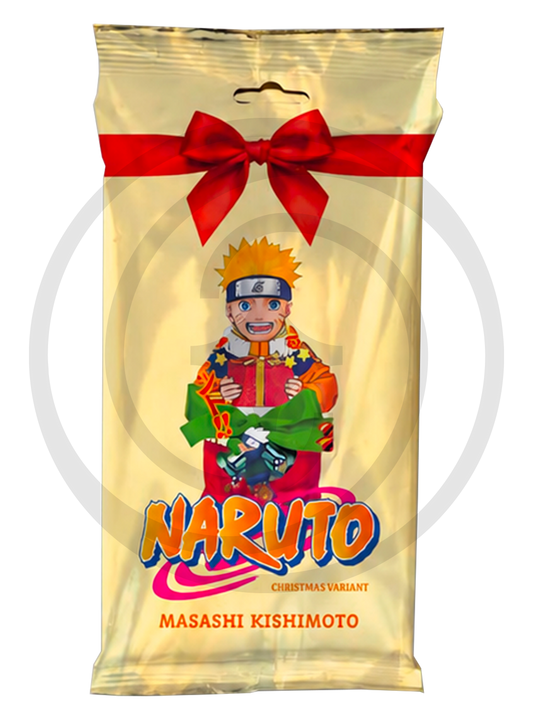 Anteprima da catalogo del manga 'Naruto Vol. 1 Christmas Variant' di Masashi Kishimoto, edito da Panini Planet Manga. L'illustrazione mostra la speciale confezione a forma di busta natalizia dorata decorata con un nastro e fiocco rosso in alto, al cui centro spicca il giovane Naruto Uzumaki sorridente con un pacco regalo, sopra il titolo 'NARUTO CHRISTMAS VARIANT' e l'etichetta Panini Direct.