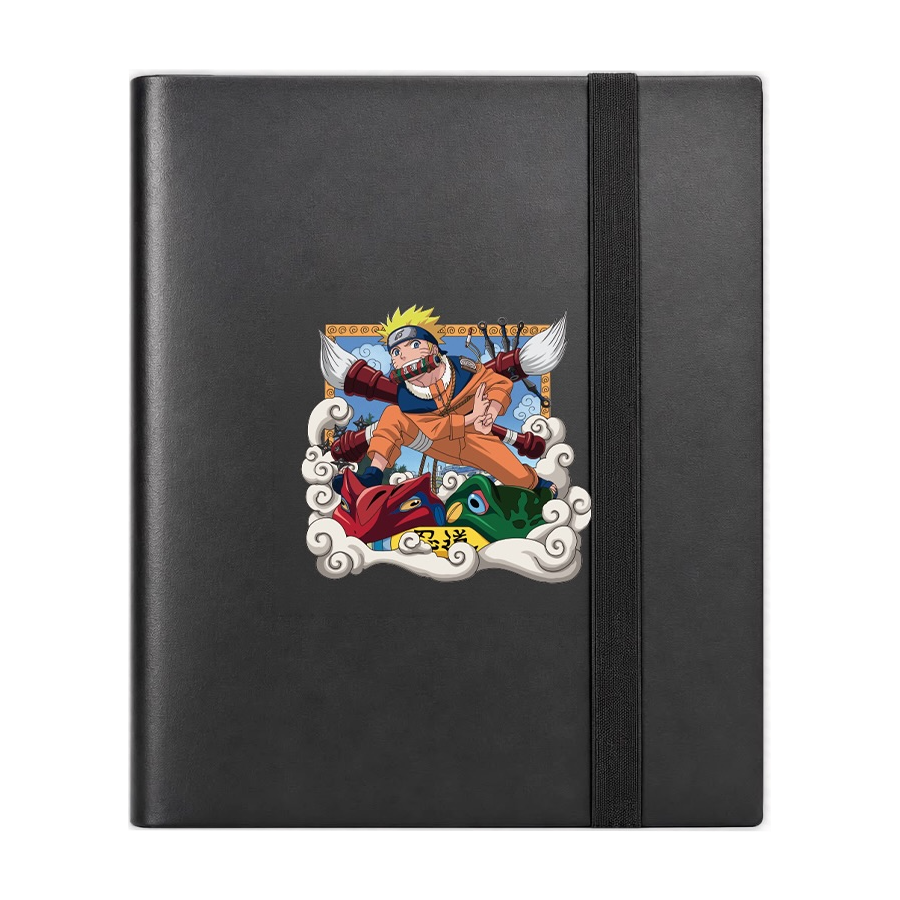Album raccoglitore nero a 9 tasche per Naruto Mythos TCG versione Brush con illustrazione di Naruto e fascia elastica.