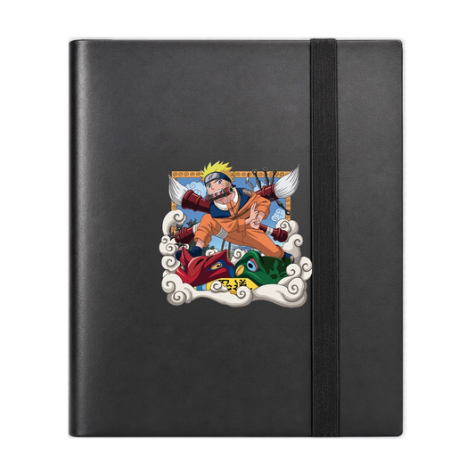 Album raccoglitore nero a 9 tasche per Naruto Mythos TCG versione Brush con illustrazione di Naruto e fascia elastica.