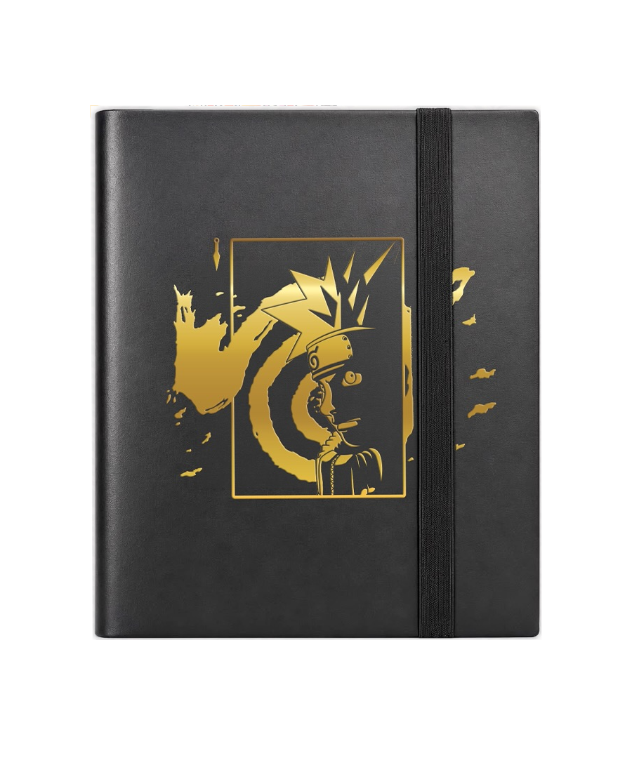Album raccoglitore nero a 9 tasche per Naruto Mythos TCG con dettagli dorati di Naruto e fascia elastica.