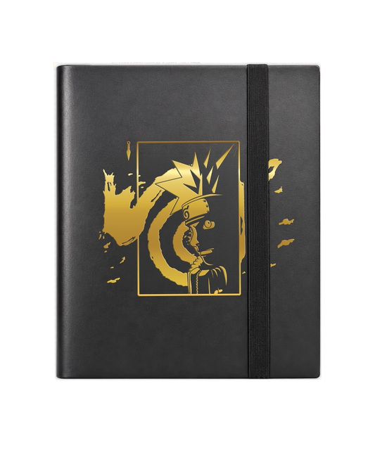 Album raccoglitore nero a 9 tasche per Naruto Mythos TCG con dettagli dorati di Naruto e fascia elastica.