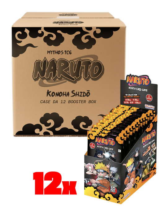 Case di cartone sigillato e Booster Box espositore della serie Naruto Mythos TCG Konoha Shido; il box mostra illustrazioni di Naruto, Sasuke, Sakura e Kakashi e indica "12x" e "1st Edition".