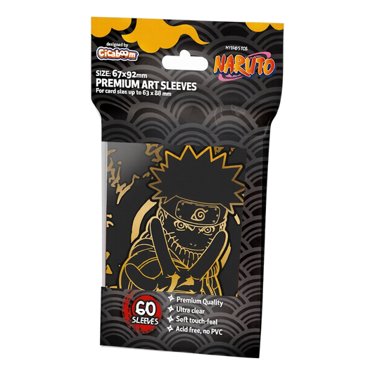 Confezione da 60 bustine protettive Naruto Mythos TCG Premium Art Sleeves (Naruto Gold) di Cicaboom in formato Standard Size.   