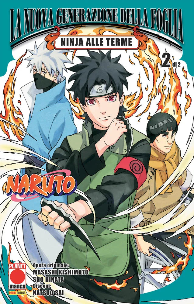 Copertina del manga Naruto - La Nuova Generazione della Foglia: Ninja Alle Terme volume 2. In primo piano la giovane ninja Mirai Sarutobi impugna con determinazione le sue lame a tirapugni. Alle sue spalle compaiono Kakashi Hatake con la sua tipica maschera sul volto e Might Gai seduto su una sedia a rotelle, circondati da uno sfondo di fiamme e tonalità azzurre.
