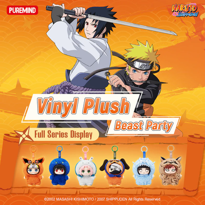 Grafica promozionale della collezione 'Naruto Shippuden - Beast Party' con illustrazioni di Naruto e Sasuke e la gamma dei peluche.