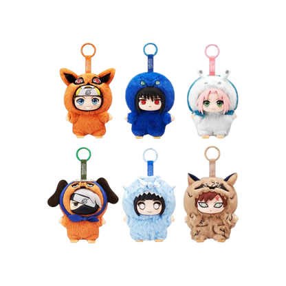 Panoramica dei 6 peluche portachiavi in vinile della serie 'Naruto Shippuden - Beast Party' con Naruto, Sasuke, Sakura, Kakashi, Hinata e Gaara in costume.