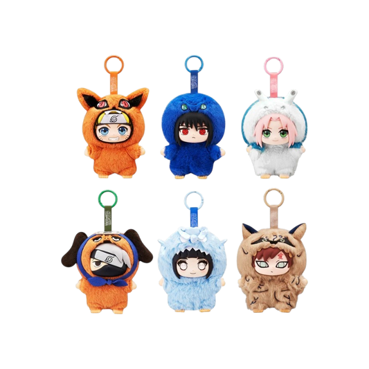 Panoramica dei 6 peluche portachiavi in vinile della serie 'Naruto Shippuden - Beast Party' con Naruto, Sasuke, Sakura, Kakashi, Hinata e Gaara in costume.