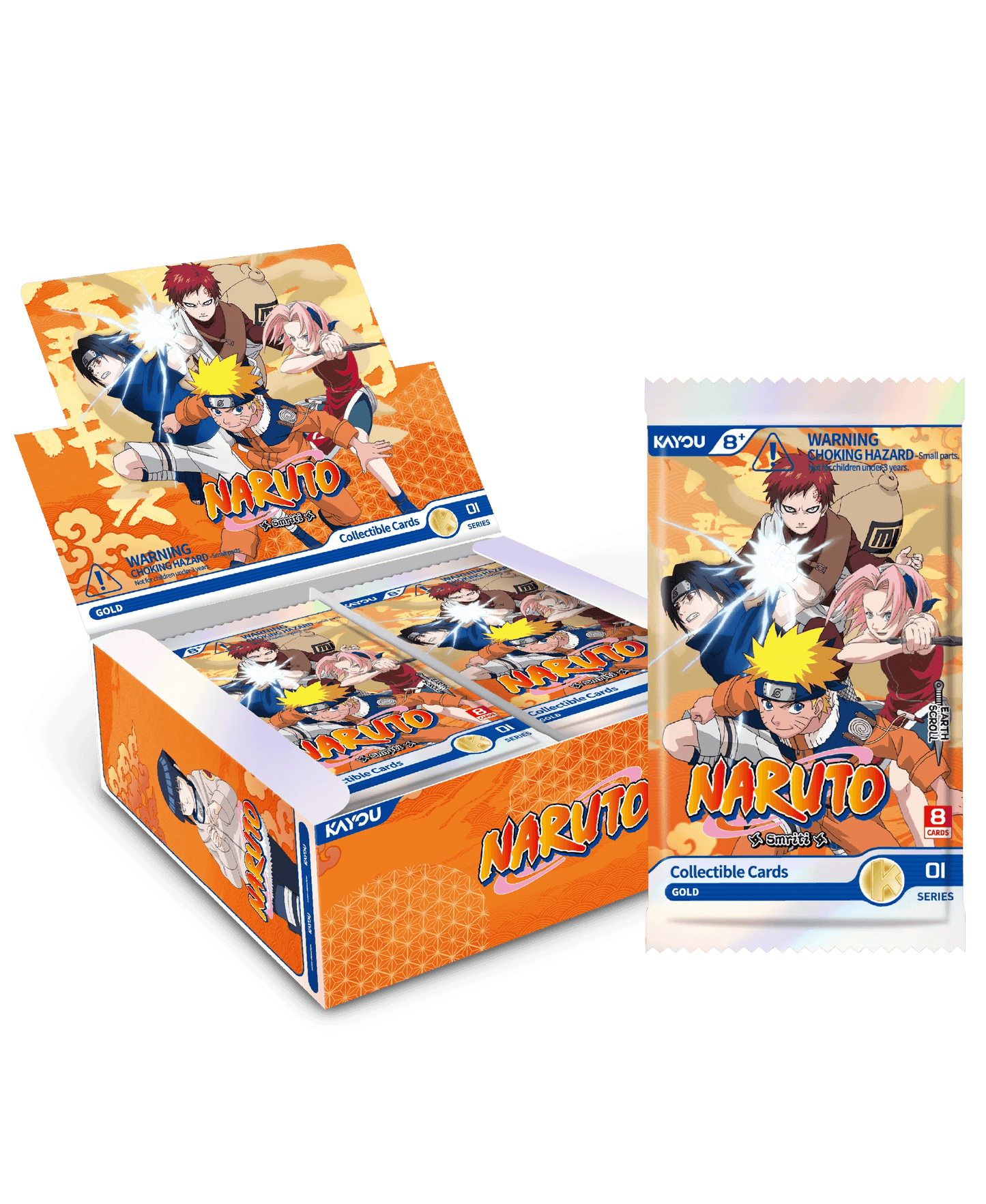 Riquadro informativo con le specifiche tecniche del prodotto "NARUTO-Smriti Collectible Cards-Earth Scroll-001A-EMEA". Il testo nero su sfondo arancione decorato con motivi tenui indica il modello NR-KP-DZJ-001A-EMEA, le quantità di 8 carte per pacchetto, 24 pacchetti per box e 8 box per cartone, la dimensione della confezione di 73.227.6128mm e la data di rilascio fissata al 2026.1.