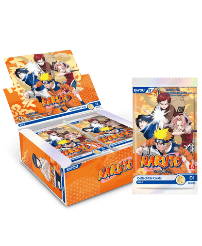 Riquadro informativo con le specifiche tecniche del prodotto "NARUTO-Smriti Collectible Cards-Earth Scroll-001A-EMEA". Il testo nero su sfondo arancione decorato con motivi tenui indica il modello NR-KP-DZJ-001A-EMEA, le quantità di 8 carte per pacchetto, 24 pacchetti per box e 8 box per cartone, la dimensione della confezione di 73.227.6128mm e la data di rilascio fissata al 2026.1.
