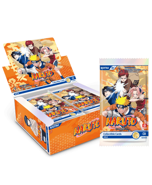 Riquadro informativo con le specifiche tecniche del prodotto "NARUTO-Smriti Collectible Cards-Earth Scroll-001A-EMEA". Il testo nero su sfondo arancione decorato con motivi tenui indica il modello NR-KP-DZJ-001A-EMEA, le quantità di 8 carte per pacchetto, 24 pacchetti per box e 8 box per cartone, la dimensione della confezione di 73.227.6128mm e la data di rilascio fissata al 2026.1.