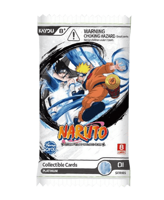 Bustina singola del set di carte collezionabili NARUTO - Smriti Collectible Cards - Heaven Scroll prodotta da Kayou, isolata su sfondo nero. La confezione di colore bianco mostra al centro una dinamica illustrazione di Naruto e Sasuke in combattimento corpo a corpo, avvolti da effetti di chakra circolari neri e azzurri. Sulla bustina sono ben visibili il logo colorato di Naruto, l'icona "Heaven Scroll", la dicitura "Collectible Cards PLATINUM", il marchio "01 SERIES" in basso a destra e un riquadro rosso ch