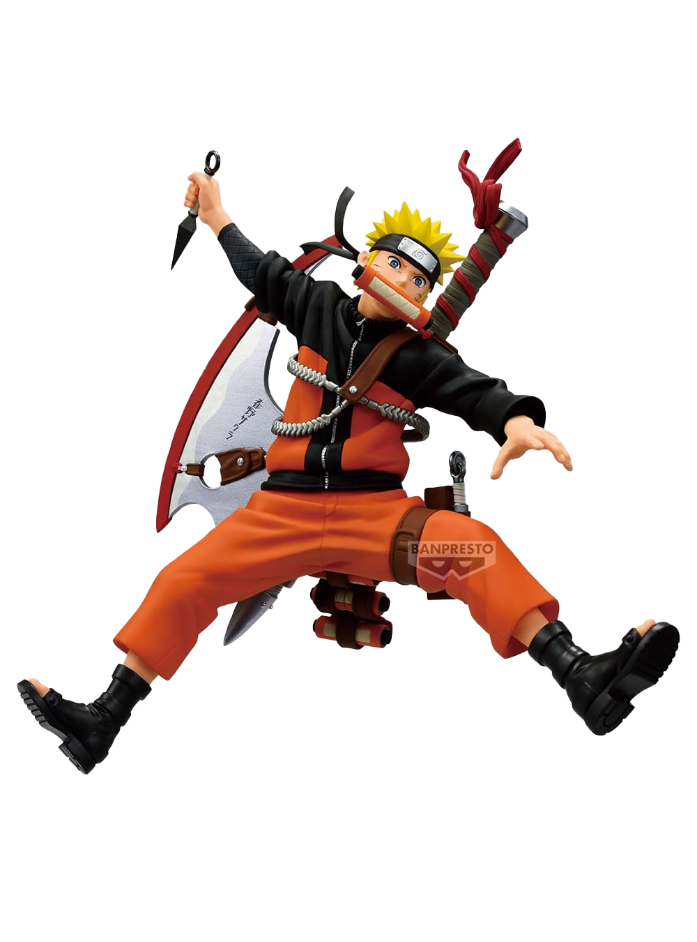 Figure da collezione del personaggio Naruto Uzumaki in una posa acrobatica a mezz'aria. Il ragazzo con i capelli biondi a punta ha un rotolo arancione tra i denti, impugna un kunai e porta sulla schiena una grande arma metallica a forma di shuriken legata con delle corde.