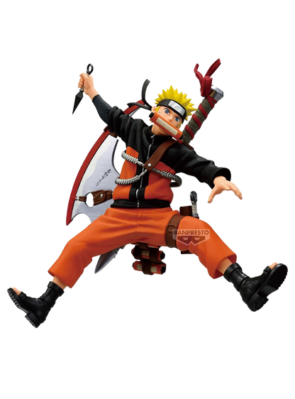 Figure da collezione del personaggio Naruto Uzumaki in una posa acrobatica a mezz'aria. Il ragazzo con i capelli biondi a punta ha un rotolo arancione tra i denti, impugna un kunai e porta sulla schiena una grande arma metallica a forma di shuriken legata con delle corde.