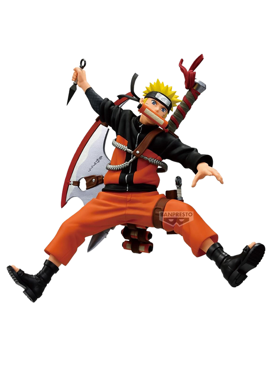 Figure da collezione del personaggio Naruto Uzumaki in una posa acrobatica a mezz'aria. Il ragazzo con i capelli biondi a punta ha un rotolo arancione tra i denti, impugna un kunai e porta sulla schiena una grande arma metallica a forma di shuriken legata con delle corde.