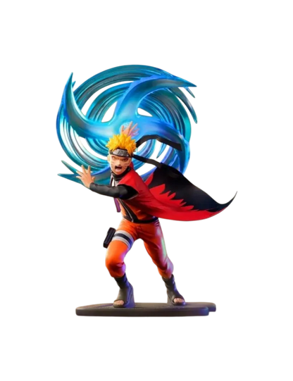 Immagine promozionale della statua in PVC di Naruto Uzumaki tratta dall'anime Naruto Shippuden, prodotta da ABYstyle Studio, isolata su sfondo nero. Il personaggio è in una posa d'attacco estremamente dinamica, con le gambe piegate, il braccio destro teso in avanti e la bocca spalancata in un grido di battaglia. Indossa la tipica tuta arancione da ninja e il mantello rosso con fiamme nere della Modalità Eremitica, che svolazza dietro di lui. Alle sue spalle domina un enorme Rasenshuriken, riprodotto con una