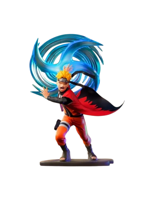 Immagine promozionale della statua in PVC di Naruto Uzumaki tratta dall'anime Naruto Shippuden, prodotta da ABYstyle Studio, isolata su sfondo nero. Il personaggio è in una posa d'attacco estremamente dinamica, con le gambe piegate, il braccio destro teso in avanti e la bocca spalancata in un grido di battaglia. Indossa la tipica tuta arancione da ninja e il mantello rosso con fiamme nere della Modalità Eremitica, che svolazza dietro di lui. Alle sue spalle domina un enorme Rasenshuriken, riprodotto con una