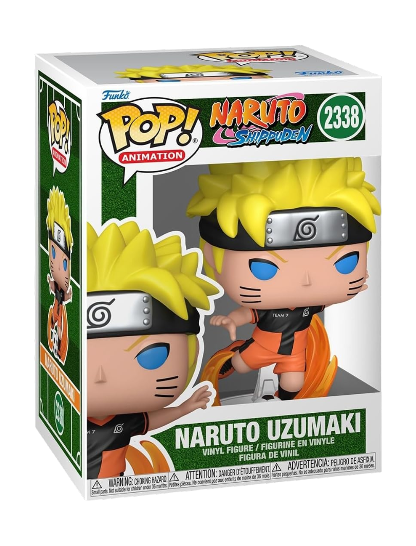 Confezione a scatola del Funko POP! numero 2338 di Naruto Uzumaki in versione calciatore dall'anime Naruto Shippuden, che mostra la statuetta in vinile con i capelli biondi e la divisa sportiva del Team 7 mentre corre con un pallone da calcio.