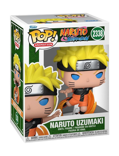Confezione a scatola del Funko POP! numero 2338 di Naruto Uzumaki in versione calciatore dall'anime Naruto Shippuden, che mostra la statuetta in vinile con i capelli biondi e la divisa sportiva del Team 7 mentre corre con un pallone da calcio.