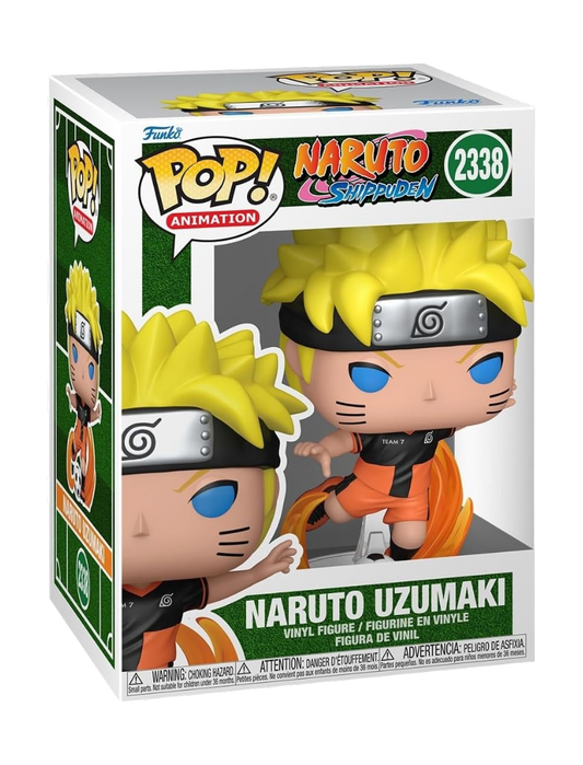 Confezione a scatola del Funko POP! numero 2338 di Naruto Uzumaki in versione calciatore dall'anime Naruto Shippuden, che mostra la statuetta in vinile con i capelli biondi e la divisa sportiva del Team 7 mentre corre con un pallone da calcio.