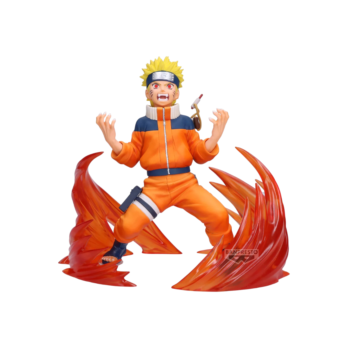 Figure di Naruto Uzumaki trasformato con il chakra della Volpe a Nove Code, in posa furiosa circondato da effetti di chakra rosso e arancione traslucido.