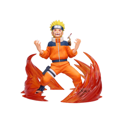 Figure di Naruto Uzumaki trasformato con il chakra della Volpe a Nove Code, in posa furiosa circondato da effetti di chakra rosso e arancione traslucido.