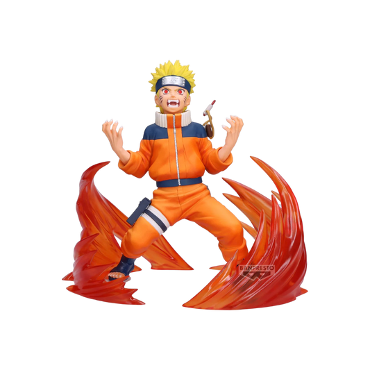Figure di Naruto Uzumaki trasformato con il chakra della Volpe a Nove Code, in posa furiosa circondato da effetti di chakra rosso e arancione traslucido.