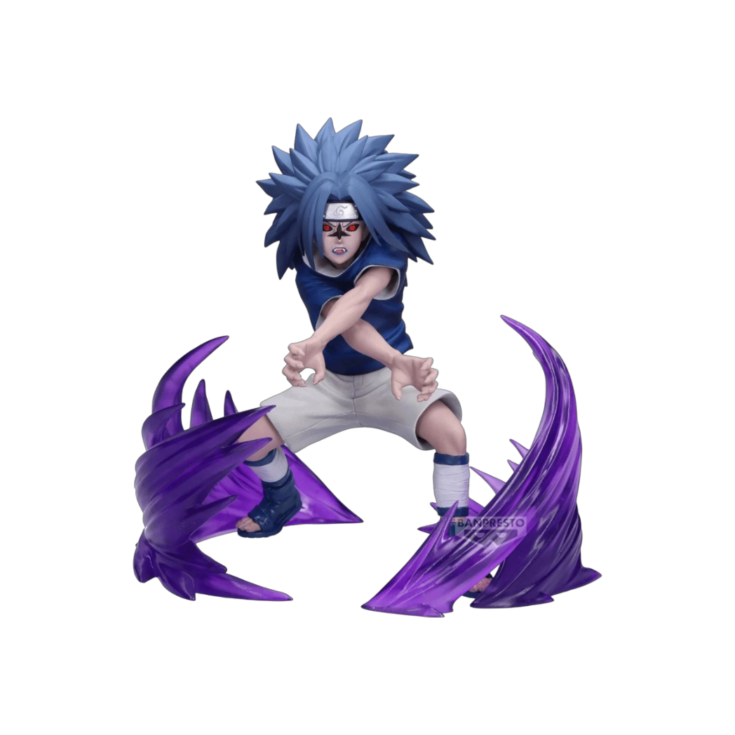 Figure di Sasuke Uchiha da Naruto trasformato con il Segno Maledetto Livello 2, in posa d'attacco circondato da effetti di chakra viola traslucido.