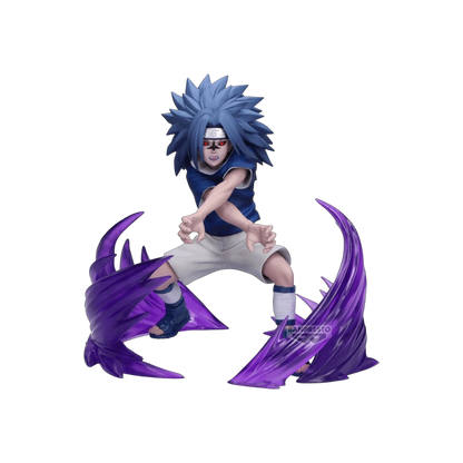 Figure di Sasuke Uchiha da Naruto trasformato con il Segno Maledetto Livello 2, in posa d'attacco circondato da effetti di chakra viola traslucido.