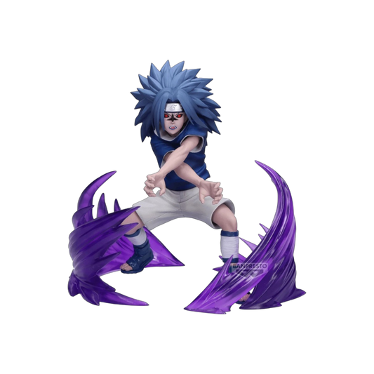 Figure di Sasuke Uchiha da Naruto trasformato con il Segno Maledetto Livello 2, in posa d'attacco circondato da effetti di chakra viola traslucido.