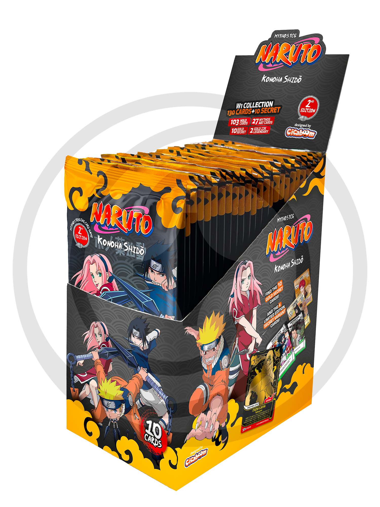 Confezione espositiva aperta (Display box) contenente 24 bustine del gioco di carte collezionabili Naruto Mythos TCG Konoha Shido 2° Edition. La scatola presenta un vibrante design nero e giallo con nuvole stilizzate e le illustrazioni dei protagonisti Naruto, Sasuke e Sakura in posa da combattimento. Sul coperchio sollevato sono elencati nel dettaglio i numeri e le rarità della collezione di carte.