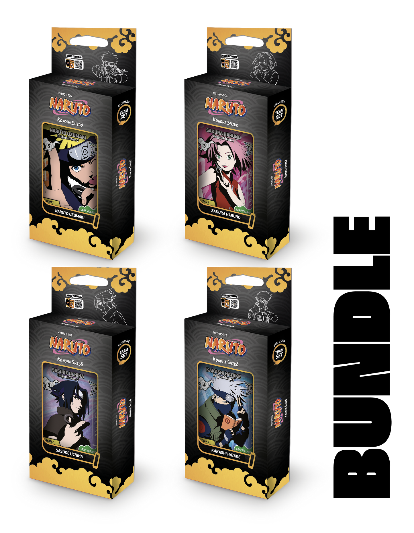 Quattro starter deck del gioco di carte Naruto Mythos TCG Konoha Shido 2nd Edition raffiguranti i membri del Team 7. Ogni box contiene bustine e una carta promo.