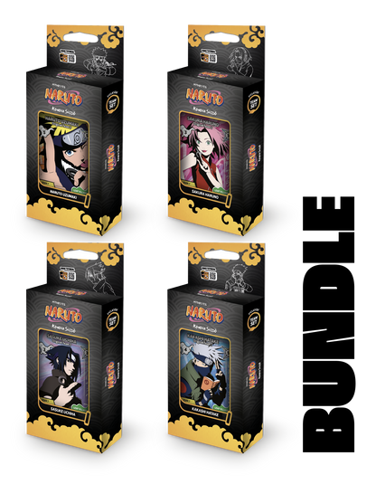 Quattro starter deck del gioco di carte Naruto Mythos TCG Konoha Shido 2nd Edition raffiguranti i membri del Team 7. Ogni box contiene bustine e una carta promo.