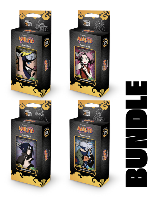 Quattro starter deck del gioco di carte Naruto Mythos TCG Konoha Shido 2nd Edition raffiguranti i membri del Team 7. Ogni box contiene bustine e una carta promo.