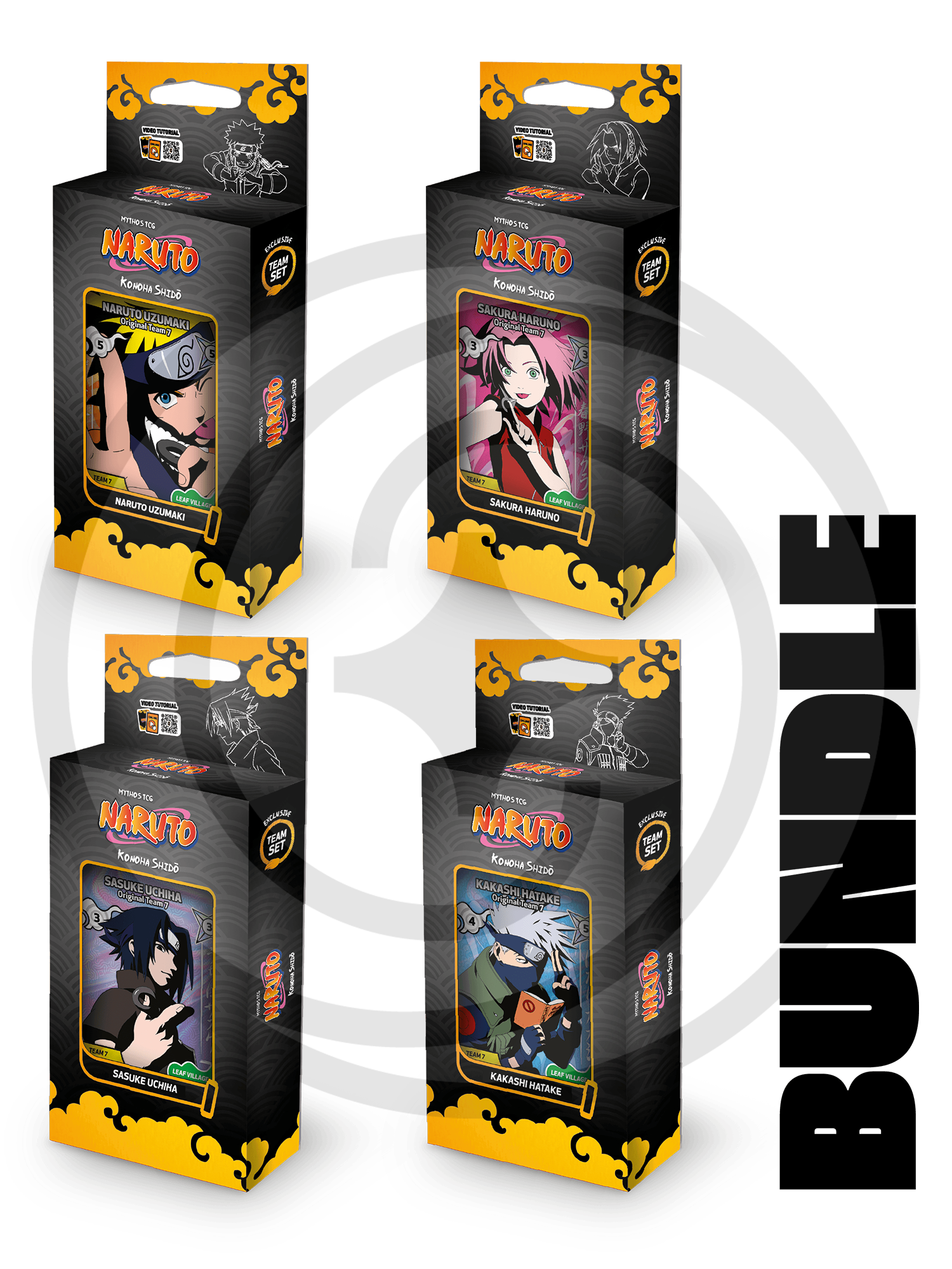 Quattro starter deck del gioco di carte Naruto Mythos TCG Konoha Shido 2nd Edition raffiguranti i membri del Team 7. Ogni box contiene bustine e una carta promo.