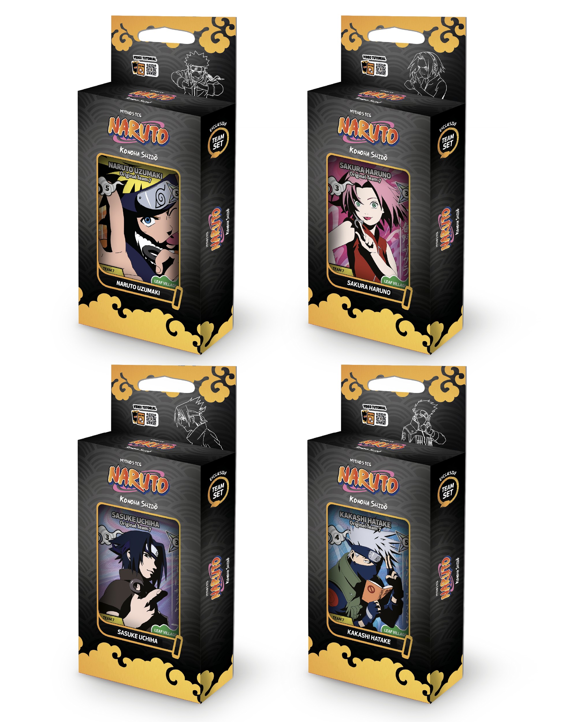 Quattro starter deck del gioco di carte Naruto Mythos TCG Konoha Shido 2nd Edition raffiguranti i membri del Team 7. Ogni box contiene bustine e una carta promo.