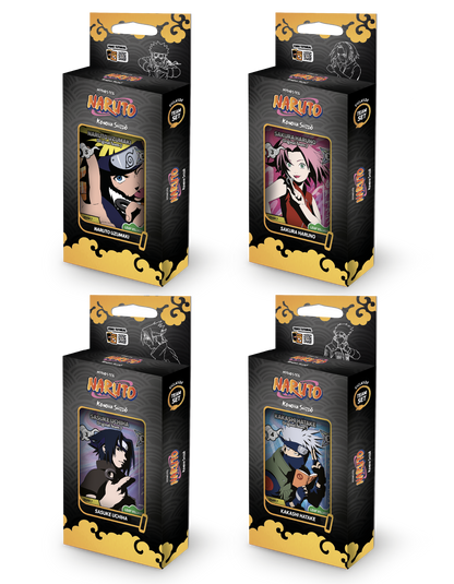 Quattro starter deck del gioco di carte Naruto Mythos TCG Konoha Shido 2nd Edition raffiguranti i membri del Team 7. Ogni box contiene bustine e una carta promo.