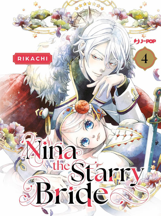 Copertina del quarto volume del manga 'Nina the Starry Bride' di Rikachi, edito da J-POP Manga. L'illustrazione ritrae in primo piano il principe Sett con affascinanti capelli bianchi e mantello dal colletto di pelliccia chinato con uno sguardo magnetico su Nina, la quale ha grandi occhi azzurri brillanti e un ornamento floreale tra i capelli, sormontati dal titolo 'Nina the Starry Bride' e dal numero 4.