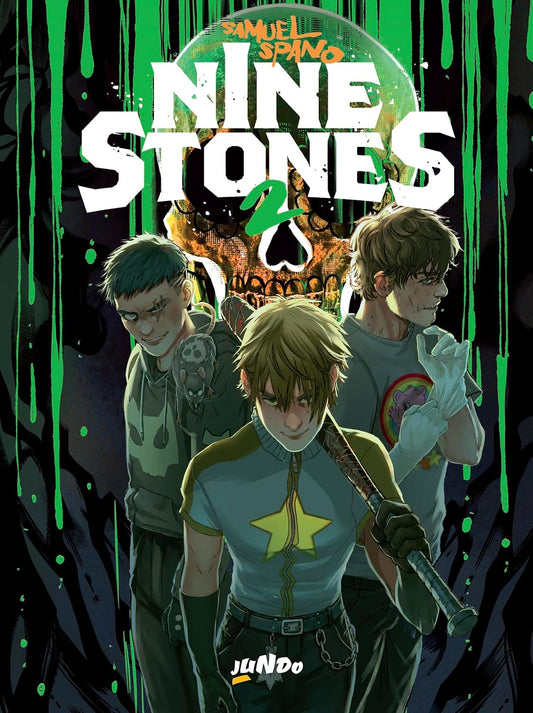 Copertina del fumetto Nine Stones Vol. 2 di Samuel Spano edito da Jundo con tre personaggi in primo piano e sfondo verde.