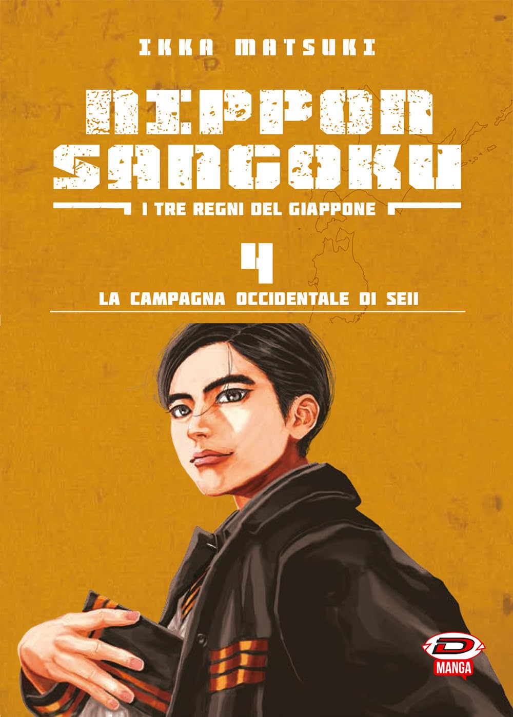 Copertina del manga Nippon Sangoku volume 4. Il protagonista Aoteru Misumi è ritratto di tre quarti su un vibrante sfondo giallo senape con la sagoma del Giappone.