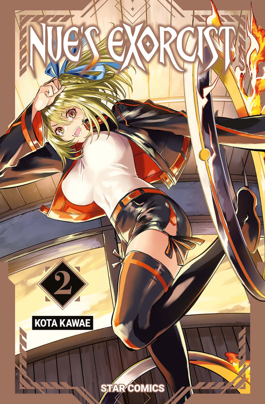 Copertina del secondo volume del manga 'Nue's Exorcist' di Kota Kawae, edito da Star Comics. L'illustrazione ritrae una ragazza bionda in posa dinamica di combattimento mentre impugna una grande lama ricurva infuocata, affiancata dal titolo e dal numero 2.