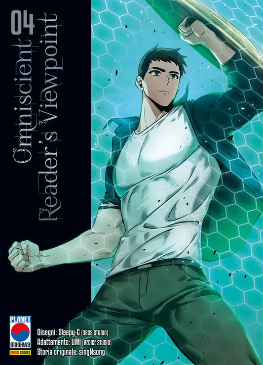 Copertina del quarto volume in italiano del manhwa 'Omniscient Reader's Viewpoint' di singNsong, UMI e Sleepy-C, edito da Panini Planet Manga. L'illustrazione mostra in primo piano Lee Hyunsung con t-shirt bianca e pantaloni scuri mentre impugna uno scudo dorato circondato da un campo di forza difensivo esagonale di colore verde luminoso.