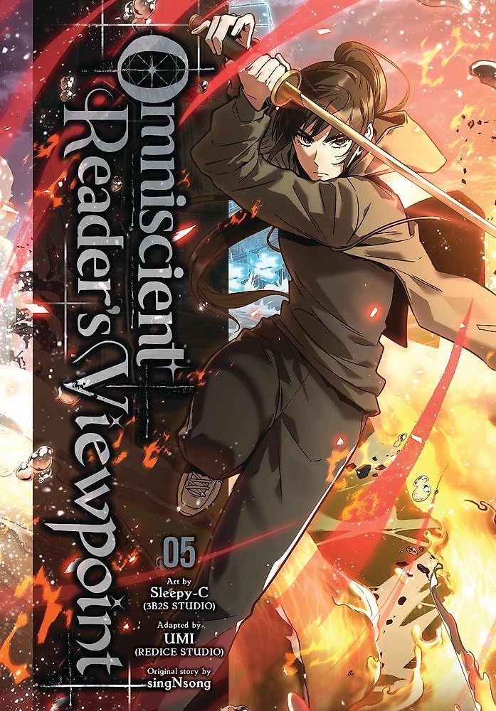 Copertina del quinto volume del manhwa 'Omniscient Reader's Viewpoint' edito da Panini Planet Manga. L'illustrazione ad alto impatto ritrae in posa dinamica da combattimento la giovane Jihye Lee con capelli scuri legati in una coda alta mentre impugna con grinta una spada katana circondata da fiamme ed esplosioni incandescenti, affiancata dal titolo verticale 'Omniscient Reader's Viewpoint' e dal numero 05.