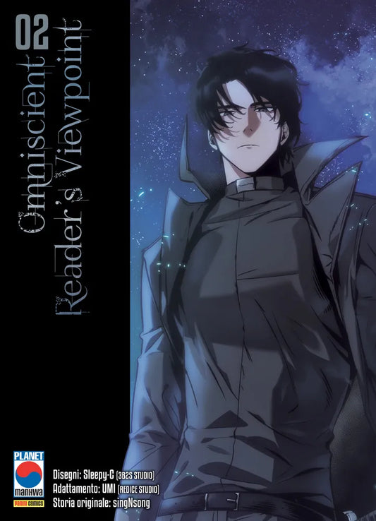 Copertina di Omniscient Reader's Viewpoint 2. Illustrazione di un ragazzo con capelli scuri e lungo cappotto nero su uno sfondo stellato notturno.