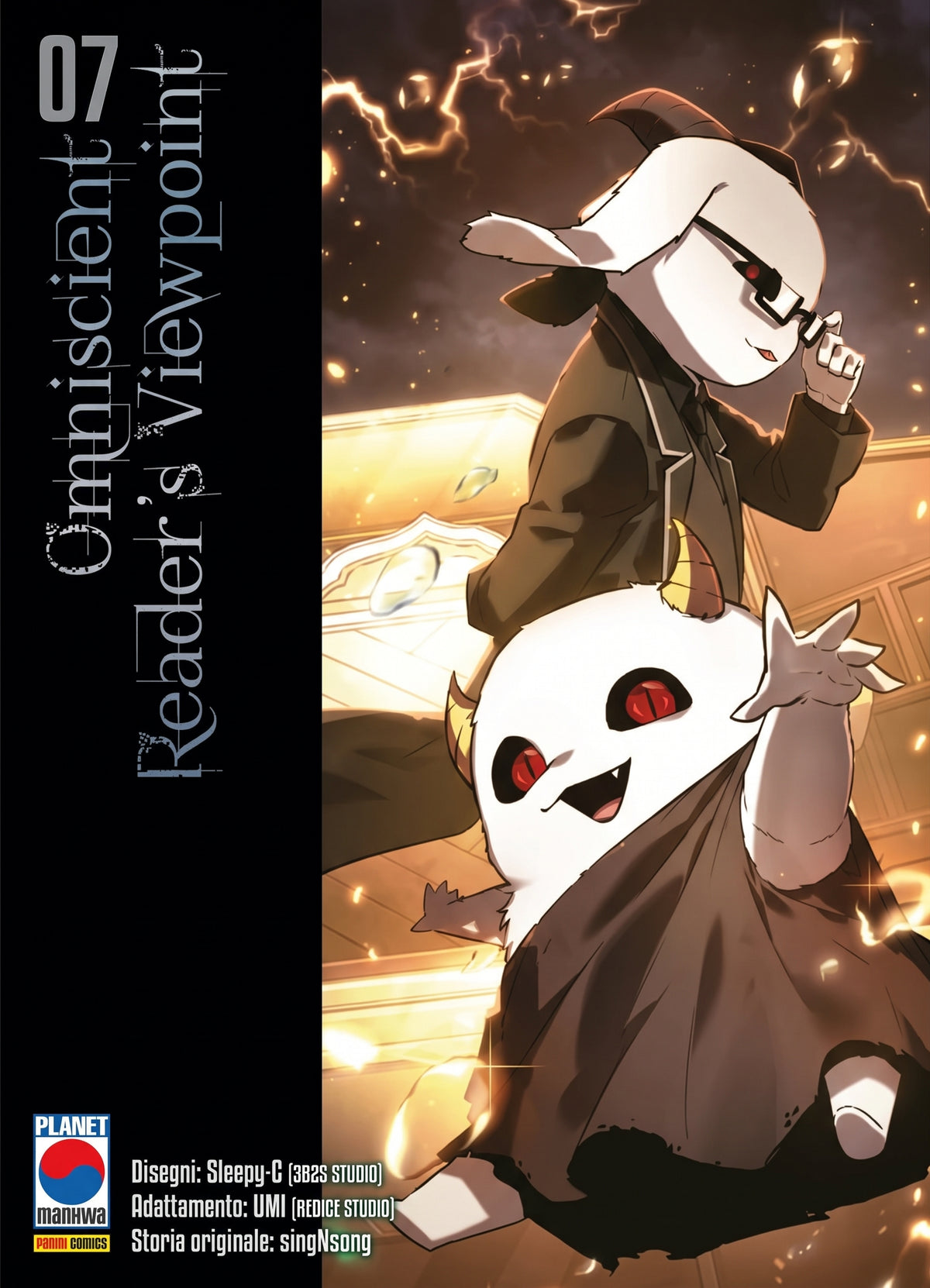 Copertina di Omniscient Reader's Viewpoint Vol. 7 con il Dokkaebi Bihyung in abito elegante con occhiali da sole e la sua controparte fluttuante in primo piano.   