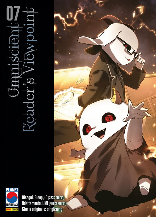 Copertina di Omniscient Reader's Viewpoint Vol. 7 con il Dokkaebi Bihyung in abito elegante con occhiali da sole e la sua controparte fluttuante in primo piano.   