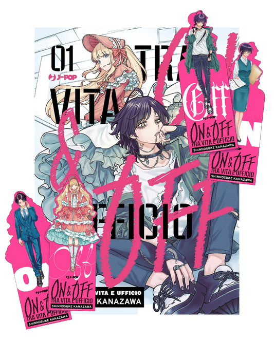Copertina del manga On & Off - Tra Vita e Ufficio volume 1. In primo piano un personaggio con capelli scuri corti, trucco marcato e abbigliamento punk-rock strappato, mentre sullo sfondo appare una figura bionda con un elegante e voluminoso abito in stile lolita azzurro e rosa. Il grande titolo dell'opera decora l'immagine in vivaci caratteri fucsia e neri.